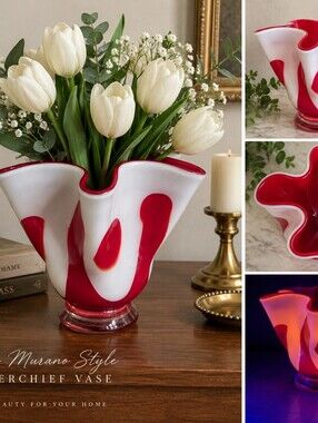 Vintage Murano Style Red White Cased Art Glass Handkerchief Vase UV Glow